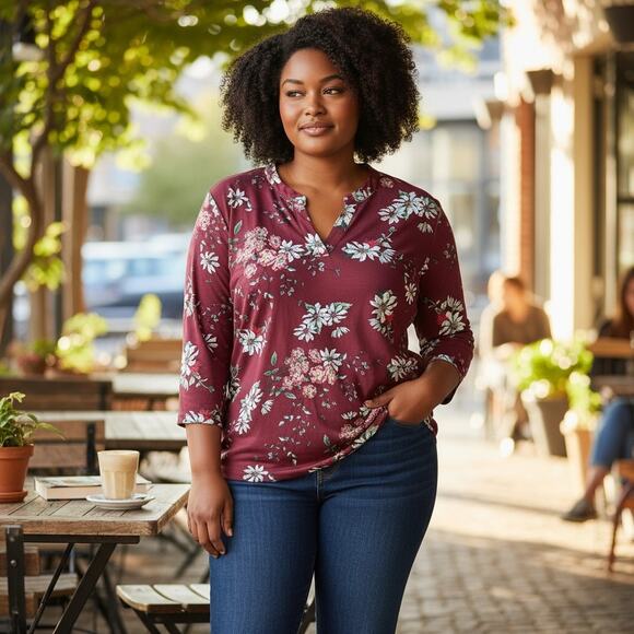 Othyroce Shirt Top 4X XXXX Maroon Pink White Floral Flowers Blouse Tunic Stretch - Picture 6 of 6